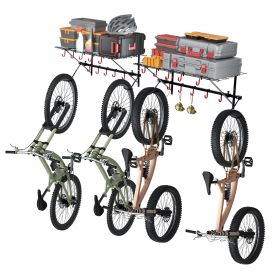 Bike Storage Rack, 4 Bike Racks, Wall Mount Bike Storage Hanger with 2 Shelves, Home and Garage Organizer, Customizable for Various Bike Sizes