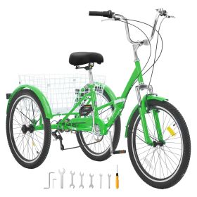 Folding Adult Tricycle, 24-Inch 7-Speed Adult Folding Trikes, Carbon Steel 3 Wheel Cruiser Bike with Basket & Adjustable Seat (Color: Green, Wheel Diameter: 24 inch)